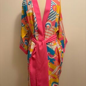 Drunk in Love Vibrant Pink Multicolor Printed Satin Robe with Belt